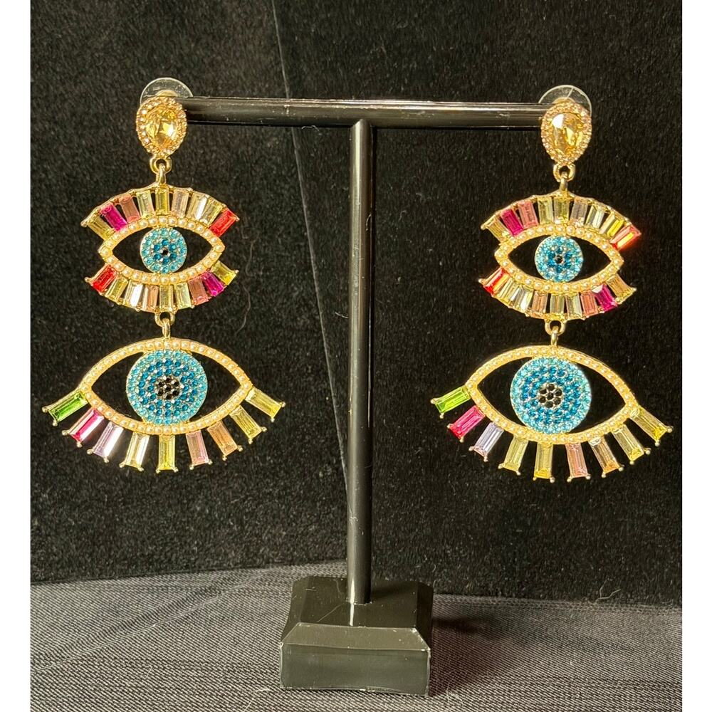 NWOT Multicolored Rhinestone Evil Eye Chandeliers Earrings, gold-tone boho chic